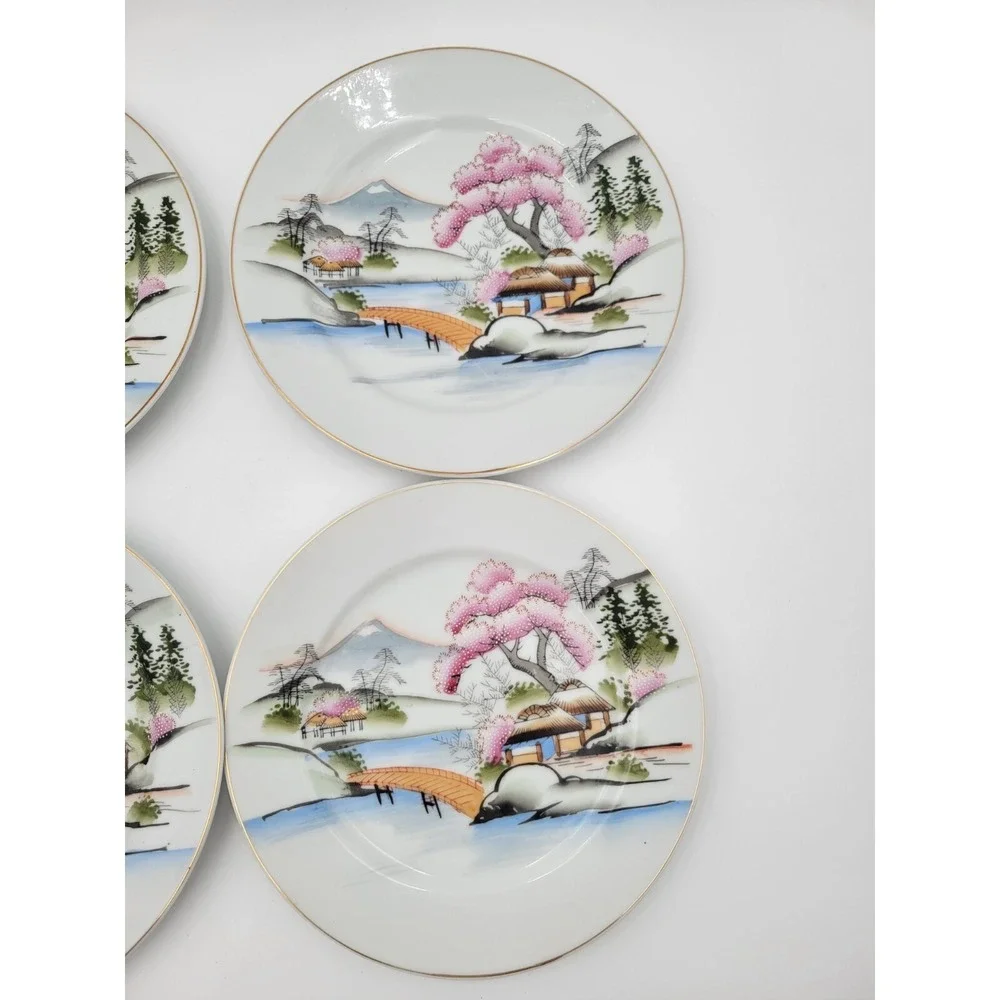 Set of 5 Vintage Kutani Japan KUT21 salad plates pink textured trees bridge gold